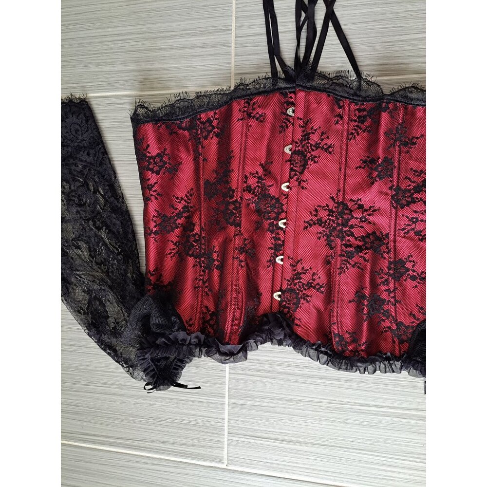 Gothic Red & Black Lace Off-Shoulder Corset Top Bell Sleeves Bustier Blouse 7XL - Picture 10 of 12
